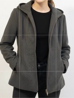 Anne Klein AK Charcoal Grey Hooded Zip-Up Wool Blend Jacket Side Pickets Size M